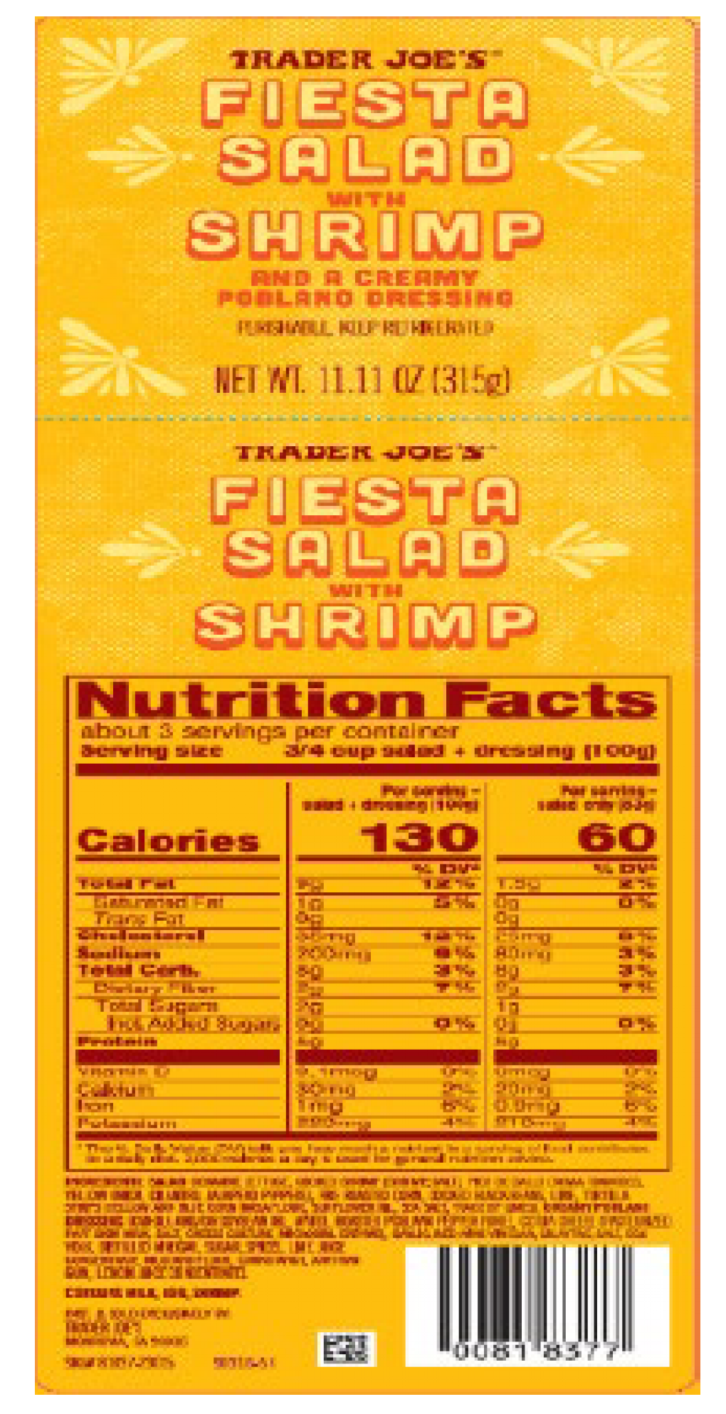 FDA-published front and back label of the recalled Trader Joe's Fiesta Salad with Shrimp package, showing the item number and barcode
