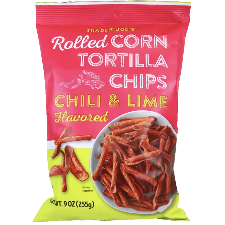 Trader Joe's Chili & Lime Flavored Rolled Corn Tortilla Chips bag