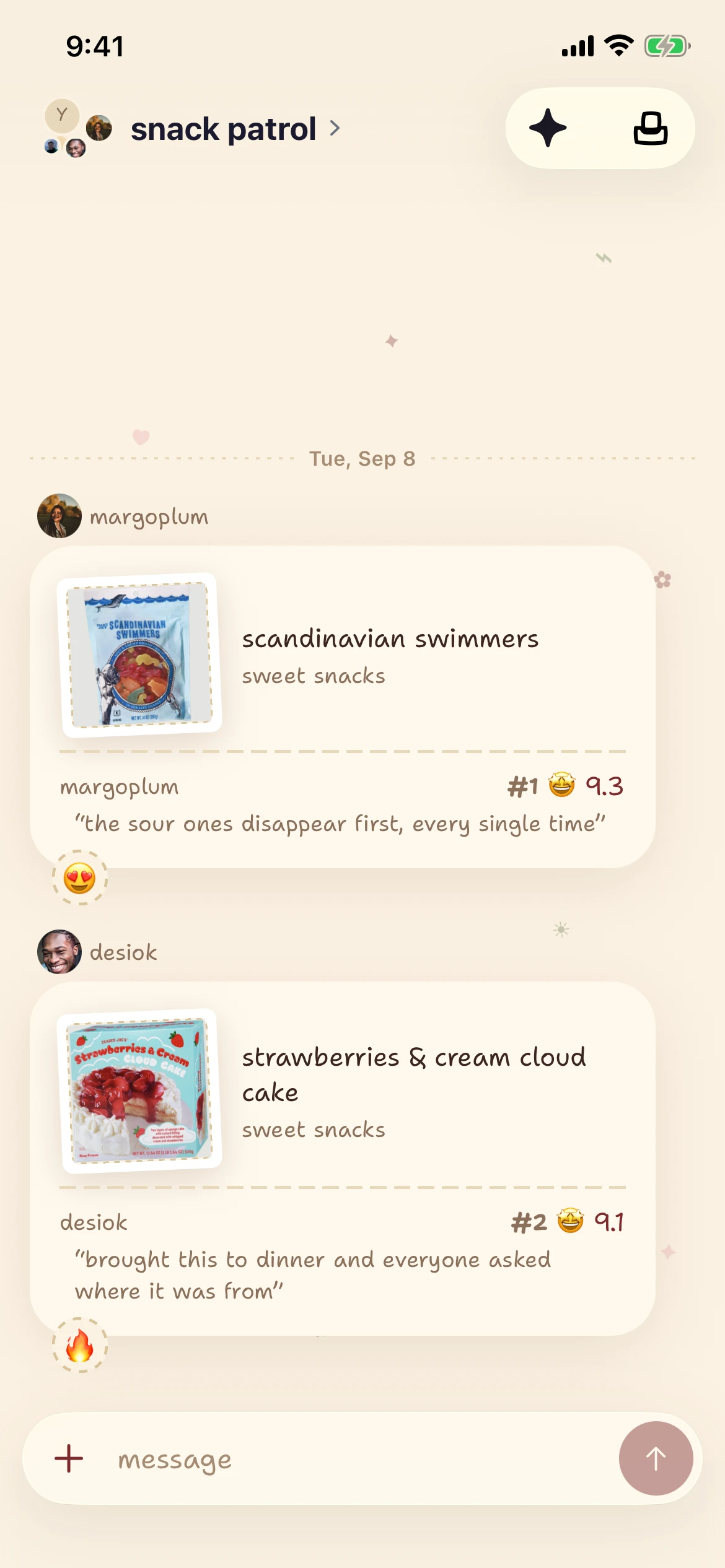 The finds group conversation screen with product recommendations and accompanying notes.