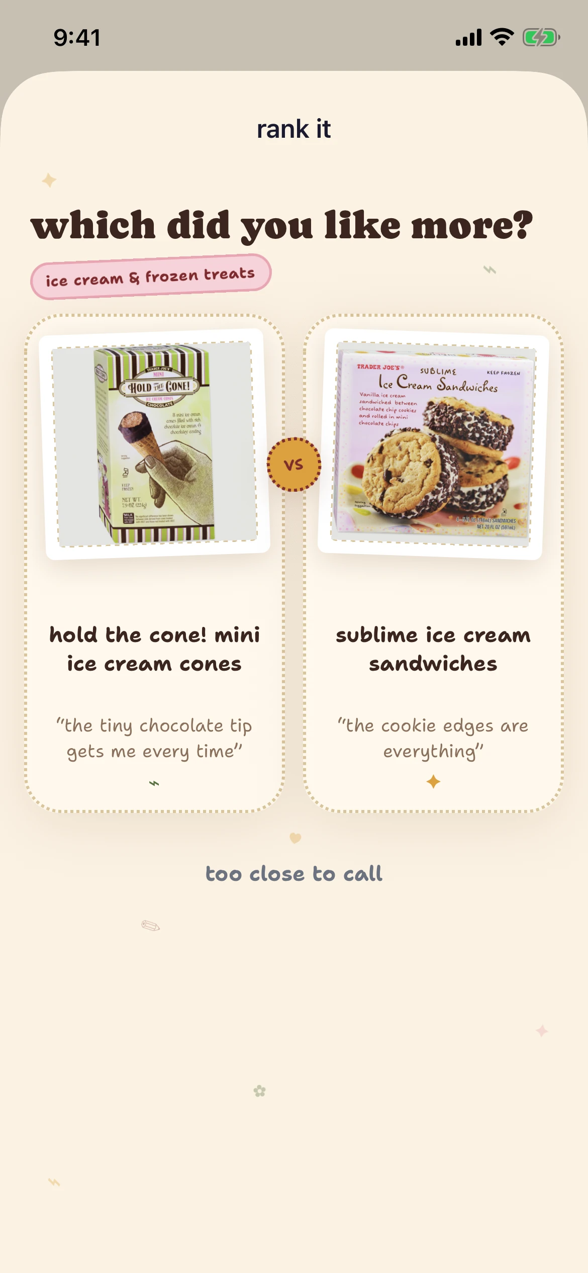 The finds comparison screen asking which of two frozen desserts you liked more.