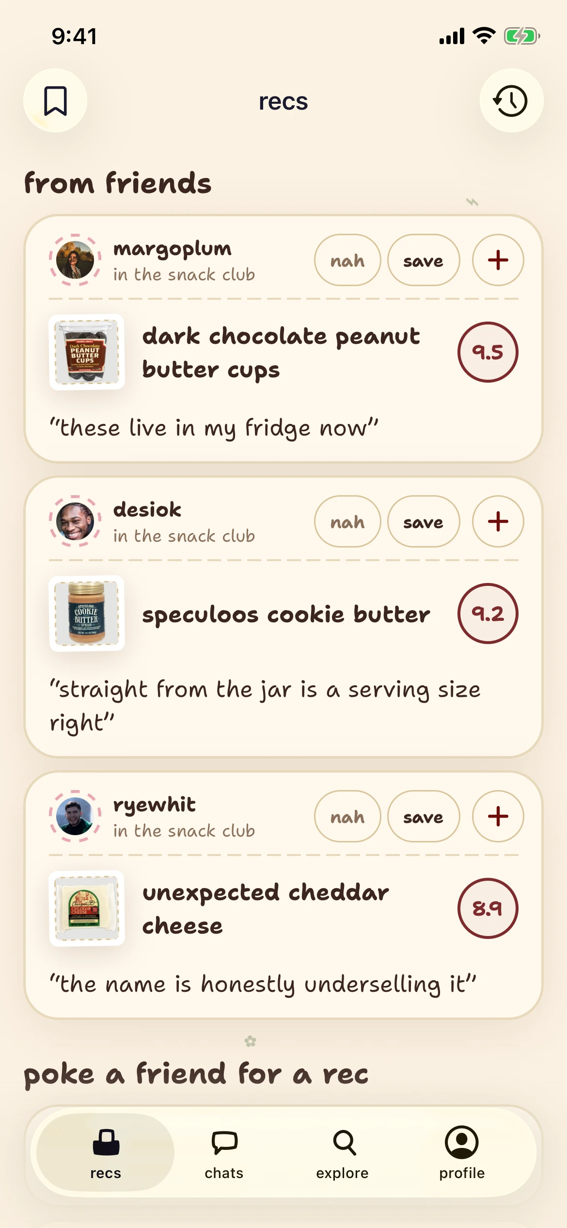 The finds recommendations screen with exact products, friends’ notes and Save controls.